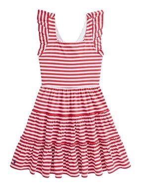 Polo by Ralph Lauren Girls Red & White Striped Ruffle Strap Tiered Dress Size L